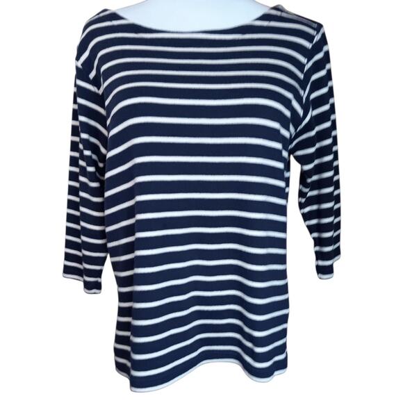 L.L. BEAN Top Shirt Tee Petite Large Navy Blue Stripes Soft Stretch Nautical - Picture 1 of 7
